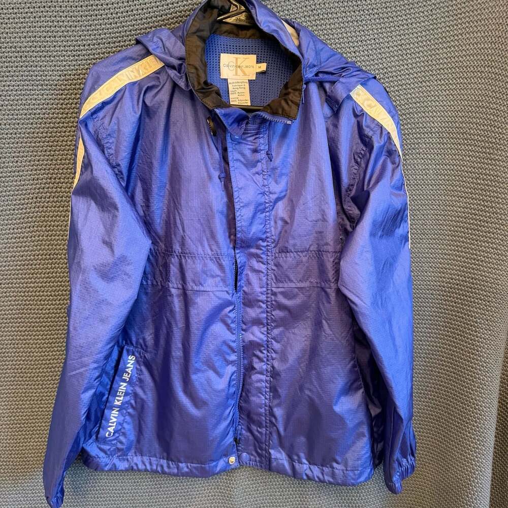Calvin Klein Jeans Windbreaker Size M Blue Nylon Zip Hooded Jacket